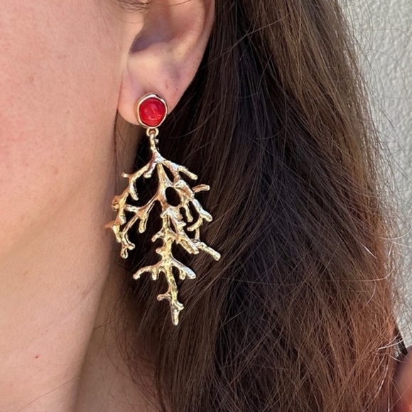 Golden Coral Statement Earrings - Picture 1 of 5
